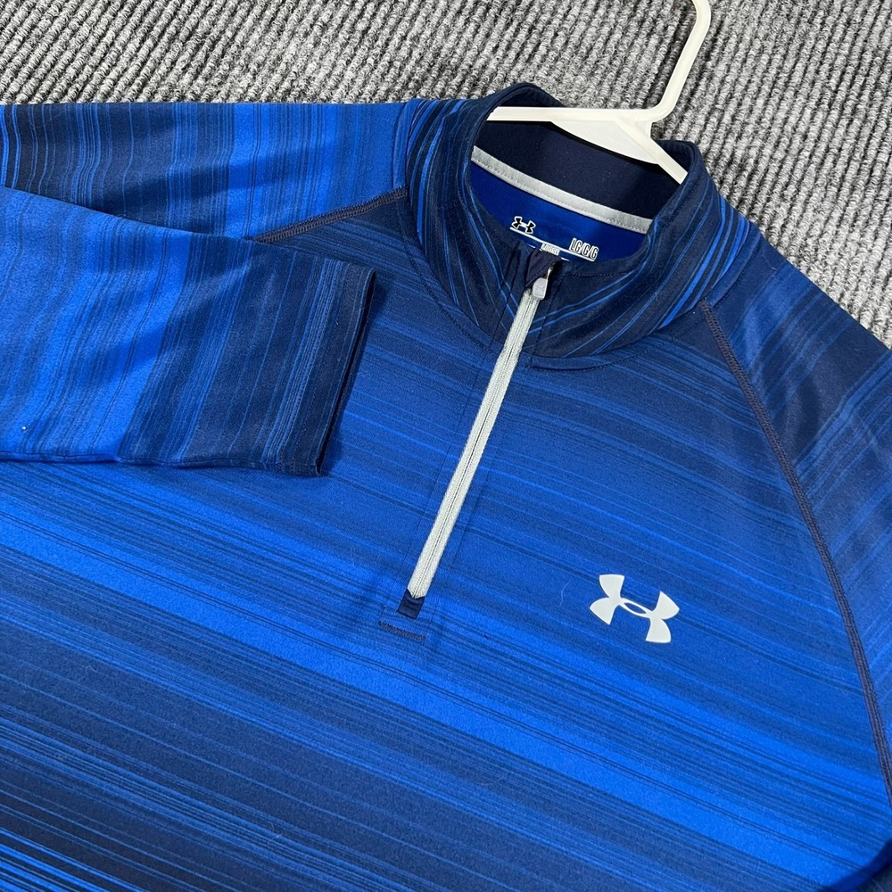 Under Armour Pullover Shirt Mens Large Blue Striped Long Sleeve 1/4 Zip Loose